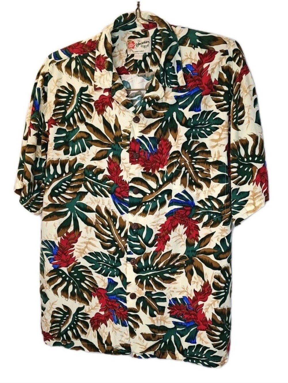 Vintage USA Hilo Hatties Hawaiian Shirt Large Button Palm Leaf Print Dad Resort